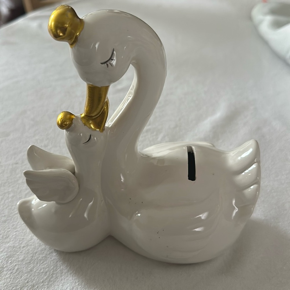 Swan mom and baby white ceramic bank